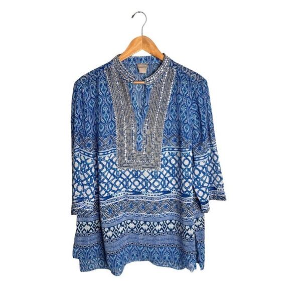 Chico’s Seaside Tunic Size 12P Sheer Rhinestones Blue White Black Blouse Beach - Picture 10 of 10